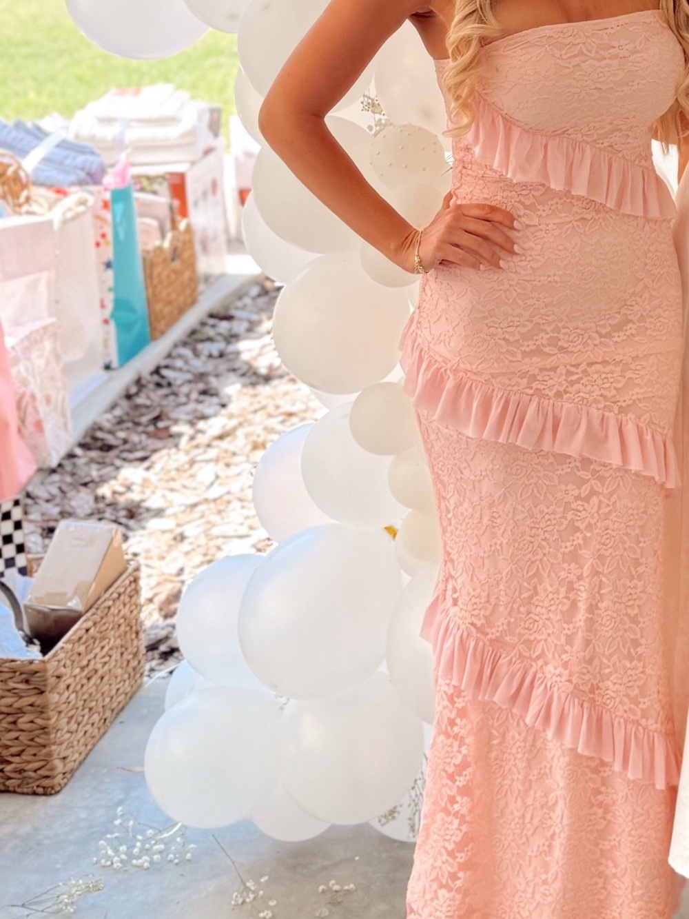White Fox Boutique Pink Lace Ruffle Strapless Dress